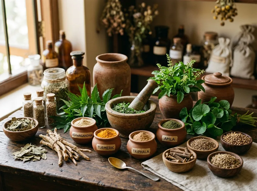 Dried Ayurvedic herbs and powders arranged in bowls