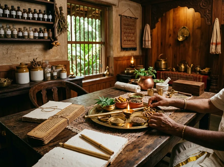 Warm oil being poured in a steady stream during an Ayurvedic therapy