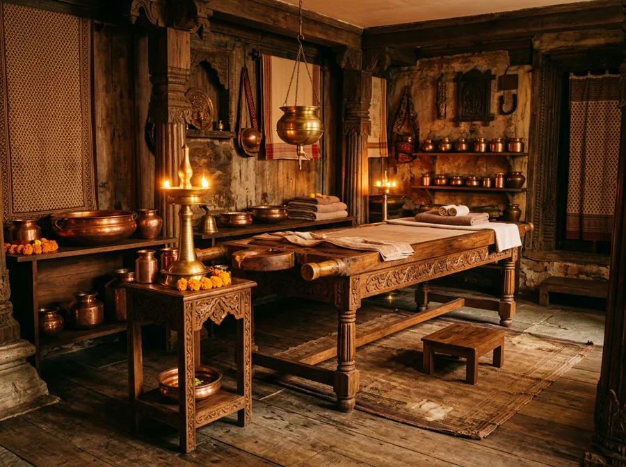 A wooden Ayurvedic treatment table in a calm therapy room