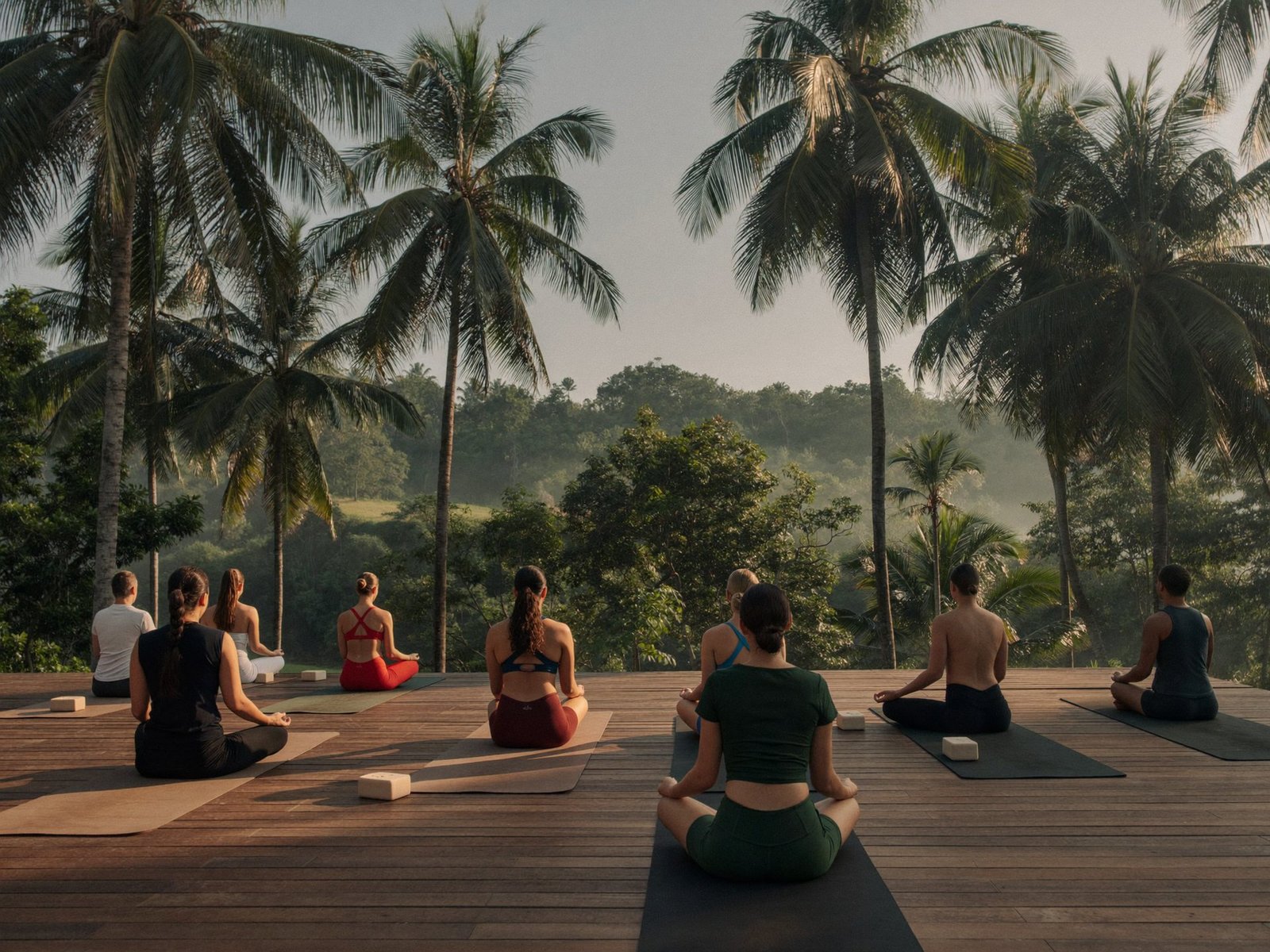 A yoga practice at dawn on the lawns at Vaidekam
