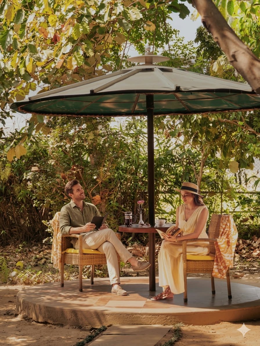 Two guests sitting under a large tree in the gardens at Vaidekam